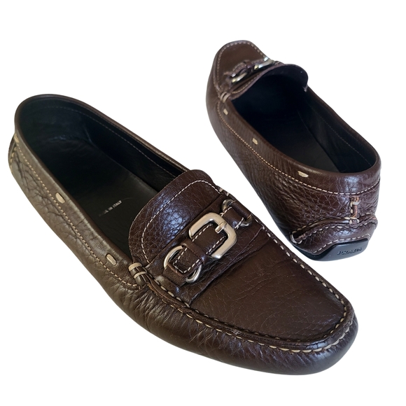 PRADA Dark Brown Pebble Leather Luxury Driving Moccasin Slip On Loafer 36 - Picture 1 of 10